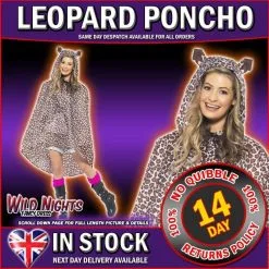 Smiffys ADULT MENS LADIES WATERPROOF FESTIVAL ANIMAL PRINT PARTY PONCHO - SPOTTED LEOPARD