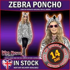 Smiffys ADULT MENS LADIES WATERPROOF FESTIVAL ANIMAL PRINT PARTY PONCHO - STRIPEY ZEBRA