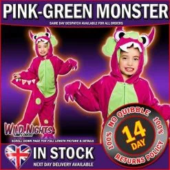 Wicked Kids Fancy Dress Boys/Girls Onesie - Mini Monster Hot Pink / Green Spots